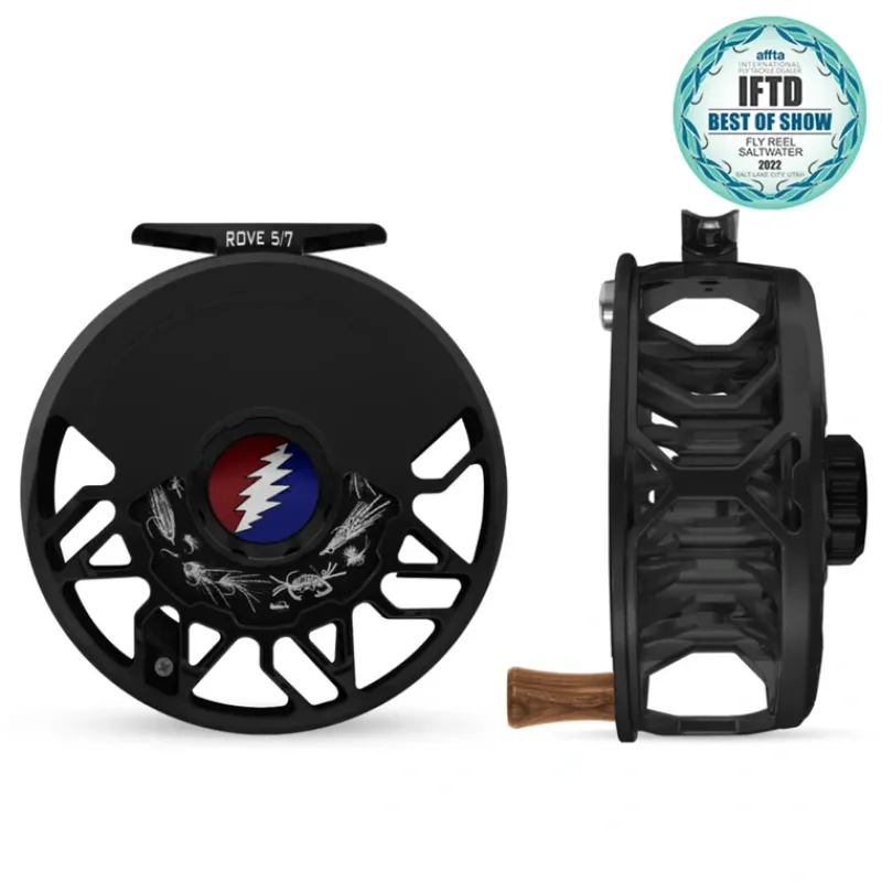 Fishing Line^ Abel ROVE Reel 5/7 Black, Grateful Dead Lightning Bolt Drag Knob with Walnut Handle - Your Premium Fishing Gear Store Rods Lines Baits Accessories