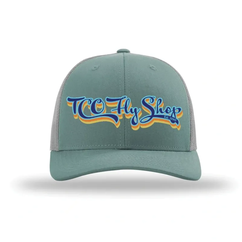 Fly Fishing^ TCO Fly Shop Hat Low Pro Trucker - Retro Logo Light Teal / Lt. Gray - Your Premium Fishing Gear Store Rods Lines Baits Accessories