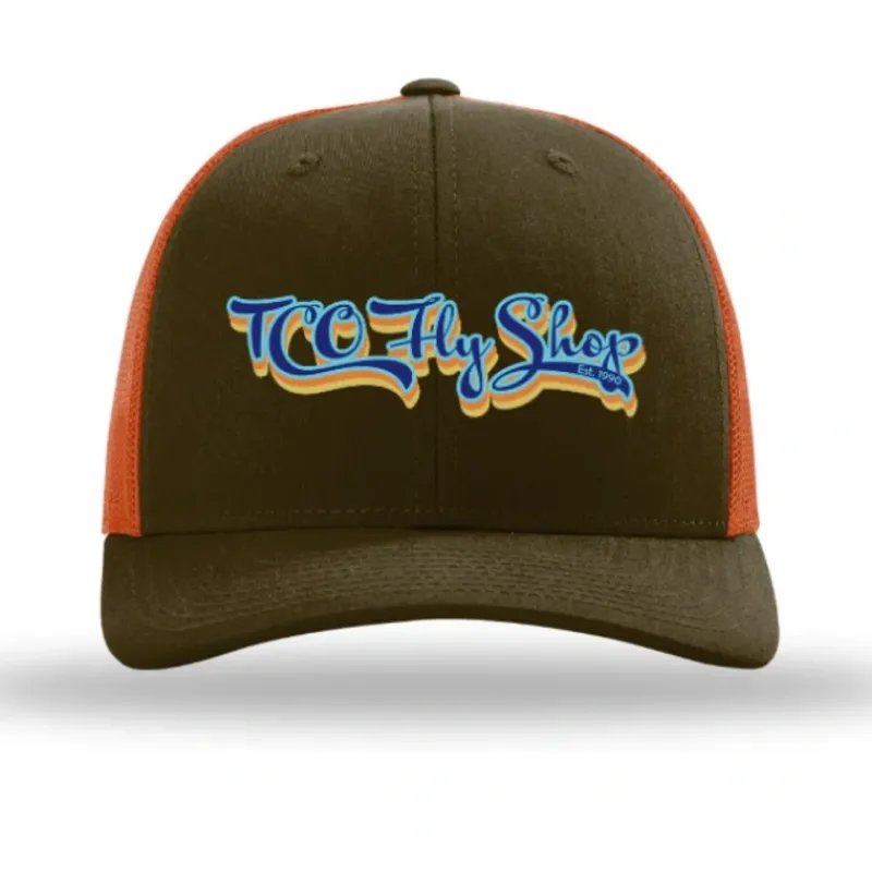 Fly Fishing^ TCO Fly Shop Hat Low Pro Trucker - Retro Logo Mushroom/Burnt Orange - Your Premium Fishing Gear Store Rods Lines Baits Accessories